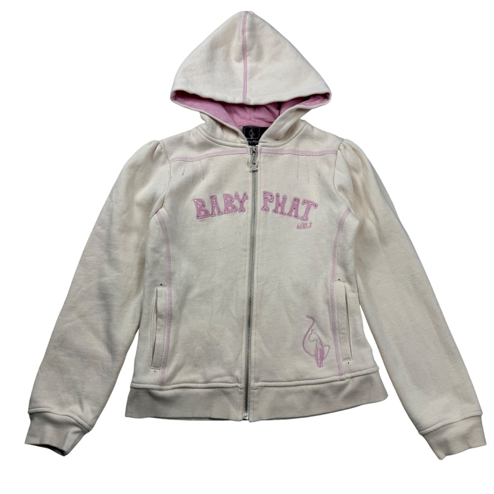 VTG Y2K Baby Phat Girlz Cream Pink Zip Up Hoodie Rhinestone Logo XL Adult XS